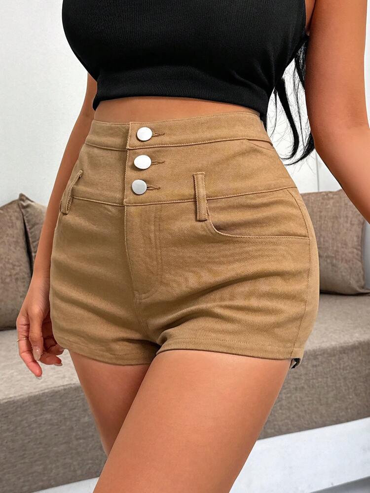 Women's Solid Color High Waist Pockets Casual Shorts, Summer