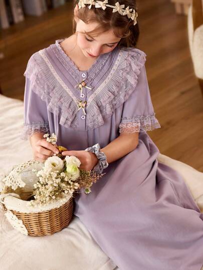 SHEIN 女童复古宫廷风蕾丝拼布 V 领短袖睡袍