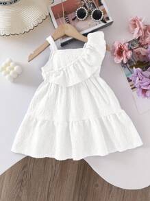 SHEIN Vestido de verano de línea A con textura, volantes en el bajo y parches para niña, esencial para el uso diario - Blanco - Ver 3
