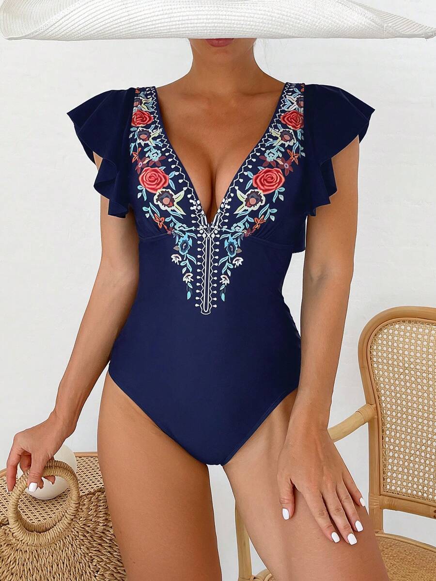 SHEIN Swim 1 件波西米亚风花卉印花女式连体泳衣,优雅休闲海滩度假泳装,春夏季 - 彩色 - 查看 1