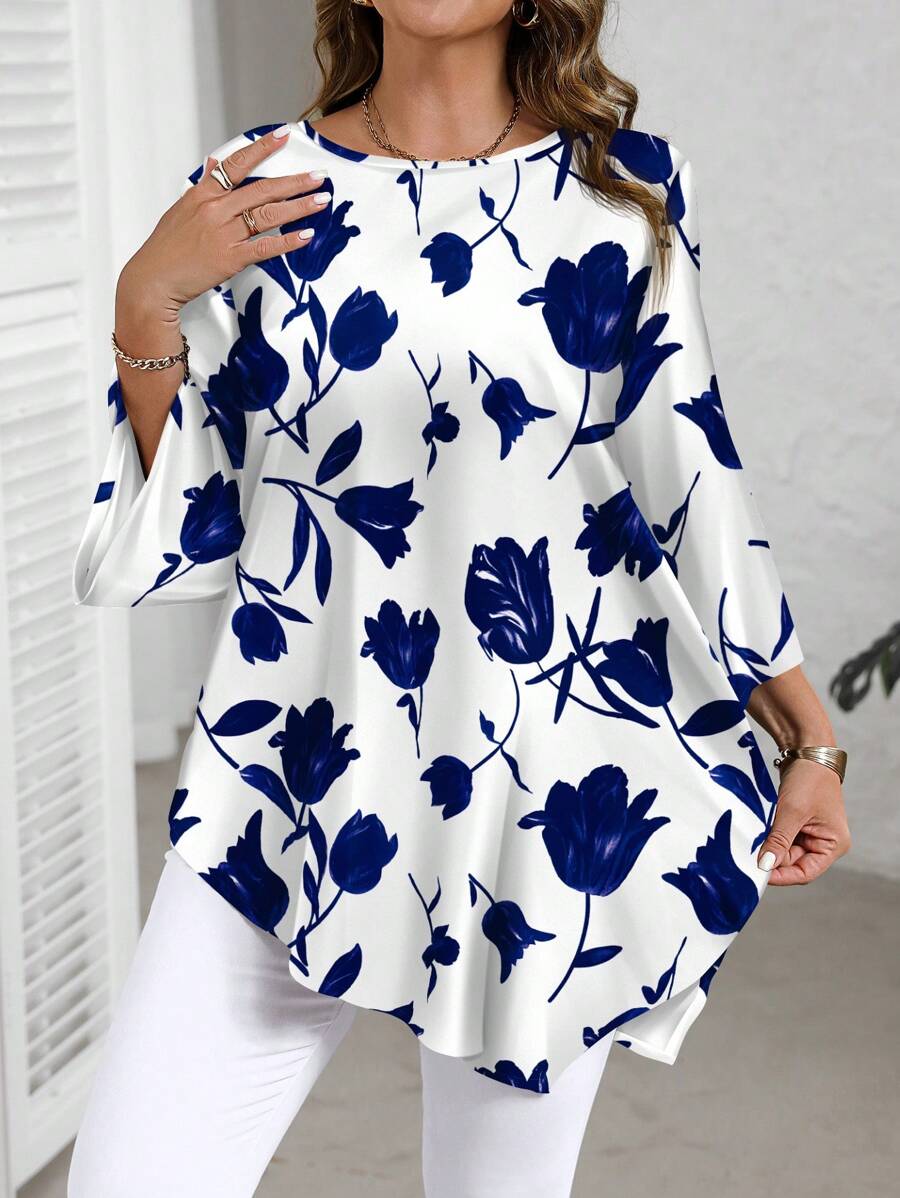 EMERY ROSE Camisa minimalista casual de talla grande con estampado floral azul y blanco, adecuada para vacaciones de primavera/verano - Multicolor - Ver 1