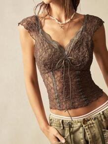 Bohemela 夏季波西米亚风格复活节纯色蕾丝甜心领修身女式T恤 - 棕色 - 查看 4