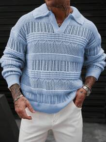 Manfinity Homme Men's Solid Color Drop Shoulder Long Sleeve Hollow Out Casual Sweater - Blue - View 4