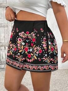 SHEIN VCAY 加大码女式黑色蕾丝边休闲短裤、沙滩裹身短裤、浪漫短裤，适合情人节约会、夏季女士、海滩、婚礼宾客、浪漫短裙、椰子女孩纳什维尔音乐节女士乡村音乐会夏季波西米亚风女士早午餐女士机场女士海滩度假城市休闲假日西部女士西部服饰女士加大码 - 黑色 - 查看 4