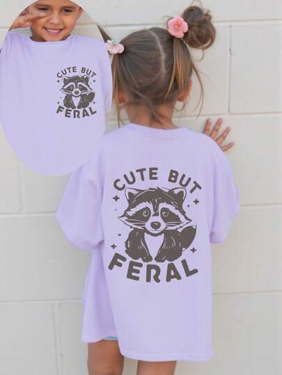 SHEIN Playful Pals Infant & Baby Girl Casual Cute Raccoon & Bubble Tea Letter Print "CUTE BUT FERAL" Short Sleeve T-Shirt, Spring/Summer