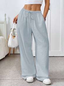 SHEIN EZwear Women's Casual Solid Color Drawstring Waist Loose Long Pants