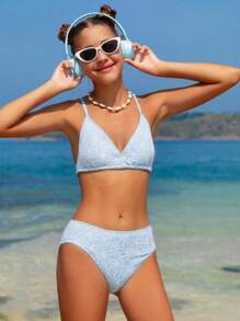 Tween Girls 2pcs Jacquard Bikini Set, Beach Vacation Kids Swimming ,Kids Beachwear - Blue - View 1