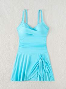 Swim Lushoire 针织度假沙滩派对背部交叉纯色连体褶皱钢圈性感优雅女士夏季比基尼泳装