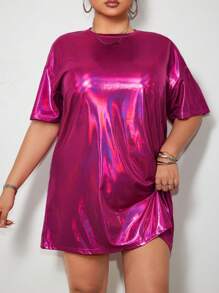 SHEIN ICON 加大码 Y2K Ultra 加大码偏光涂层 T 恤连衣裙 - 玫紅色 - 查看 5