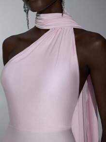 Elitara Elegant Light Pink Luxury Elastic With Scarf Tie Fringe Cup Sexy Backless Twist Mermaid Tail Dress, Suitable For Date, Beach Vacation, Birthday Party, Graduation, Wedding, Gala, Formal, Gown, For Evening, Wedding Guest