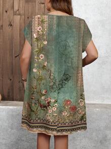 SHEIN LUNE Grande taille Femmes Robe décontractée vintage élégante à imprimé floral, décolleté en V et manches chauve-souris. Tenue d'été pour lieux de détente