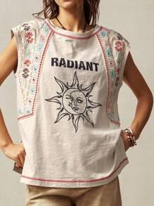 Bohemela BOHO 夏季复古休闲刺绣图案针织圆领宽松开衩下摆女式 T 恤 - 白色 - 查看 6