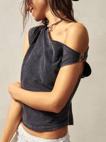 Bohemela Boho Summer Casual Music Festival Solid Color Knit Asymmetrical Shoulder Fitted Distressed Women T-Shirt - Black - View 3