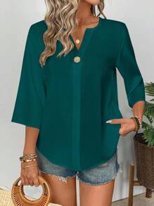 SHEIN LUNE Women's Simple Solid Color Notched Neck Loose Blouse For Commuting - Dark Green - View 6