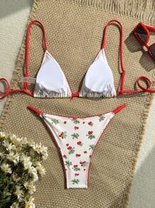 SHEIN Swim Bộ bikini xếp nếp màu đỏ in họa tiết quả anh đào ngọt ngào cho kỳ nghỉ hè của phụ nữ - Nhiều màu - Xem 2