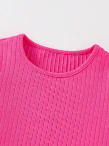 SHEIN Leap Crew 2pcs Young Girl Casual Vacation Solid Color Short Sleeve Top & Allover Print Shorts Set - Hot Pink - View 3