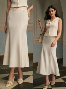 ZEYLAH 女士优雅缎面拼布美人鱼裙 - 杏色 - 查看 7