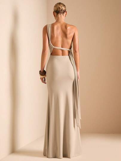 SHEIN BAE 不对称领斜肩飘带连衣裙，优雅女装，适合日常穿着、约会、夜店、派对、圣诞节、勃艮第