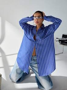 EURMUSE WOMAN BLUE AND WHITE LINED POPLIN BLOUSE - Navy Blue - View 1