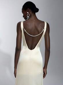 Elitara Elegante, romântico, sexy, minimalista, verde claro, cetim elástico, sem alças, costas nuas, babados, corrente de pérolas, justo, fenda alta, moderno, estilo influenciador, feriado, festa de aniversário, casamento, vestido de madrinha - Verde - Ver 5