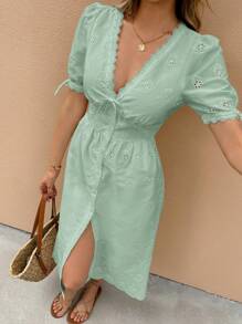 Serisse Women Solid Color V-Neck Midi Dress With Short Sleeves, Fashionable For Summer Sage Green Dress,Bodycon Dress Elegant Evening Dress - Green - View 8