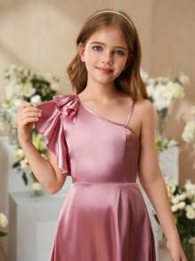 SHEIN 女孩优雅缎面单肩荷叶边装饰腰部 A 字长裙，花童/伴娘/生日派对/婚礼，青年尺码 - 粉色 - 查看 7