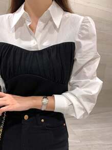 DAZY 撞色二合一泡泡袖衬衫，秋季长袖上衣 - 黑與白 - 查看 5