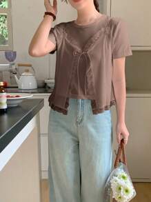 DAZY Women 2 In 1 Lace Patchwork Round Neck Short Sleeve T-Shirt - Coffee Brown - View 4