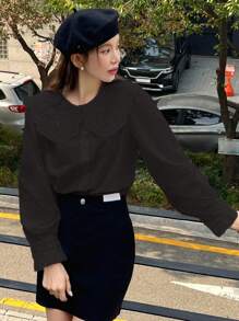 DAZY Contrast Schiffy Statement Collar Flare Sleeve Blouse Long Sleeve Top