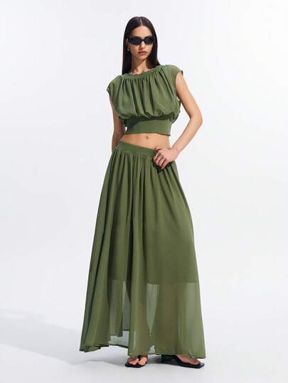 LYSMO 女士绿色宽松上衣薄纱裙两件套 - 春夏