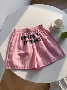 Comfortcana Women's Summer Letter Print Striped Elastic Waist Loose Casual Shorts Biker Shorts, Vacation Woman, Brunch For Women - Pink - View 6