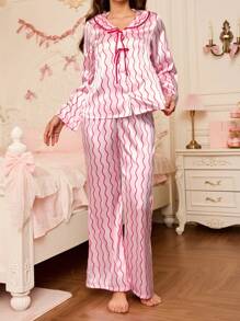 SHEIN Women Striped Turndown Collar Contrast Color Satin Pajama Set - Multicolor - View 1