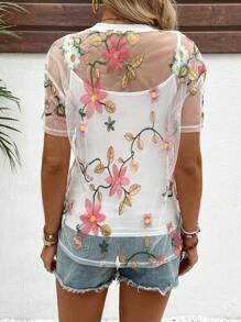 SHEIN White Floral Embroidered Sheer Knitted Maternity T-Shirt: A Stylish And Comfortable Short Sleeve Top With A Round Neck And Regular Hem, Perfect For Casual Wear During Pregnancy. - White - View 2