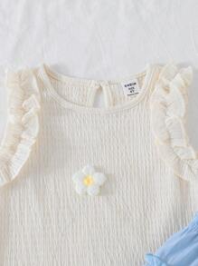 2 peças/Conjunto Regata com Estampa Floral e Saia Tule com Pompom para Meninas, Conjunto de Verão