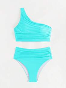 Swim Basics Women's Solid Color Ruched Bikini Set For Beach Vacation For Summer - Baby Blue - View 3