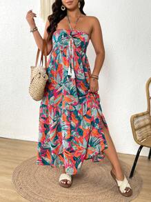 SHEIN Frenchy Plus Size Vacation Casual Allover Print Backless Halter Dress - Multicolor - View 3