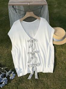 SHEIN Privé Plus Size Cardigan With Bowknot Back, Loose Fit Long Sleeve Knitted Top, Suitable For Graduation/Renaissance Fair - White - View 1