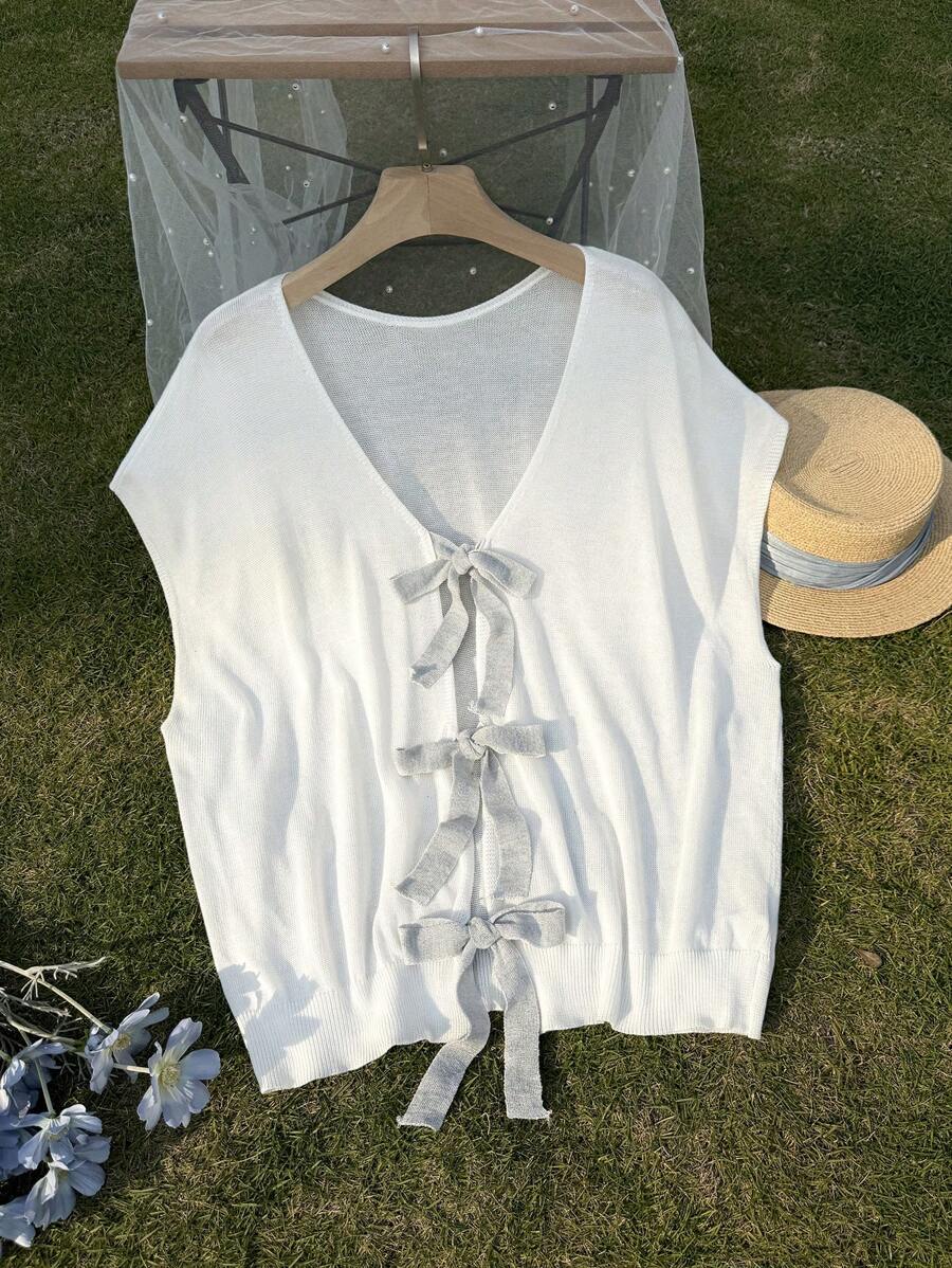 SHEIN Privé Plus Size Cardigan With Bowknot Back, Loose Fit Long Sleeve Knitted Top, Suitable For Graduation/Renaissance Fair - White - View 1