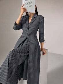 Heiryn 2 件套女士休闲条纹长外套和裤子套装，适合秋季 2 件套 - 深灰色 - 查看 3
