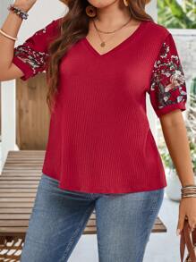 EMERY ROSE Blusa de talla grande casual con estampado floral y parches, conjunto de verano para mujeres, atuendo de vacaciones para mujer