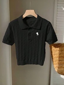 Comfortcana Áo thun dệt kim ngắn tay họa tiết ngựa thường ngày cho nữ - màu đen - Xem 4