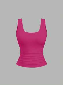 Flirla Plus Size Women Sleeveless Square Neck Pleated Casual Top, Summer - Multicolor - View 3