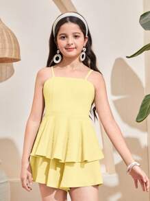 SHEIN Tween Girls Solid Color Up Backless Layered Hem Cami Large Bow Decoration On The Back Jumpsuit, Halter Jumpsuit, Playsuit, Summer Fresh , Daily Outing Vacation,Suitable For Spring Vacation, Pastoral Style