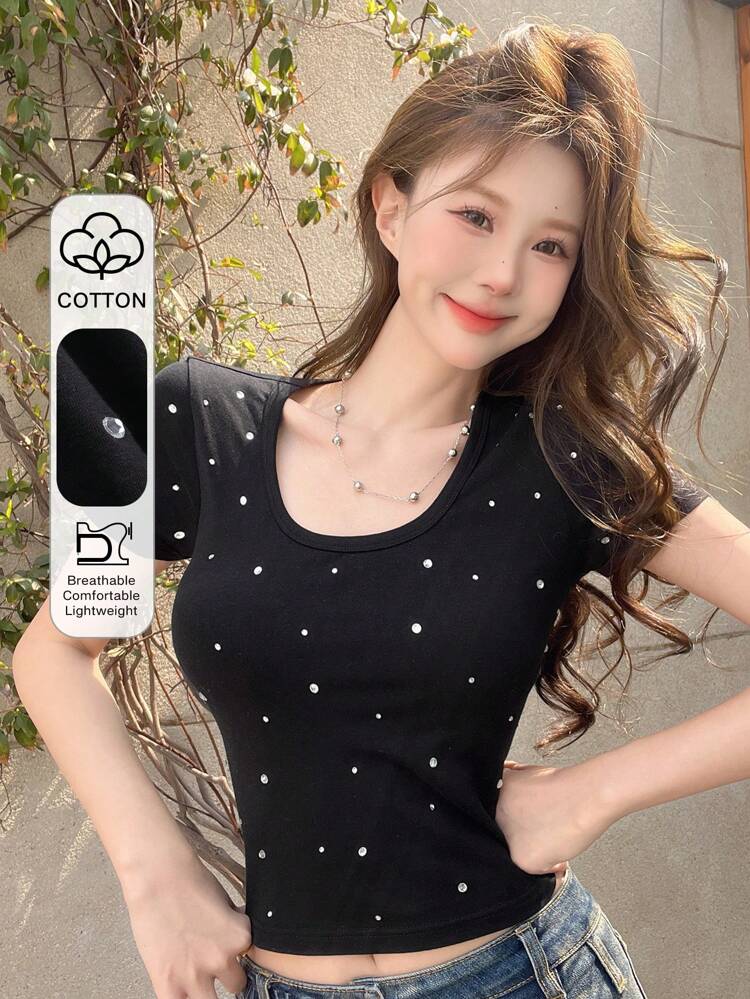 Round-Neck Rhinestone Decor Slim Fit Short Sleeve T-Shirt For Summer Casual Outfits Cute Tops,Crop Tops Women