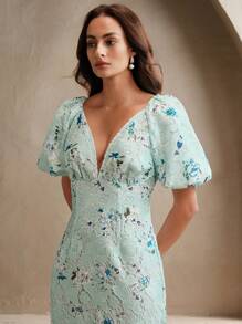 Anewsta Abito corto in pizzo idrosolubile intrecciato, a maniche corte con scollo a V, con stampa floreale alla moda, per la primavera/estate, elegante