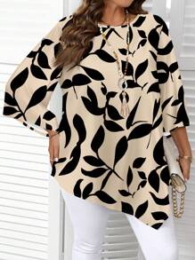 EMERY ROSE Plus Size Vacation Colorblock Leaf Printed Casual Minimalist All-Over Print Shirt, Spring Autumn