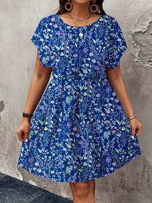SHEIN LUNE Váy suông cổ tròn tay ngắn họa tiết hoa giản dị cổ điển rộng rãi cỡ lớn, phù hợp cho mùa xuân và mùa hè, váy suông đi biển, trang phục ngày lễ Boho - Màu xanh lam - Xem 2