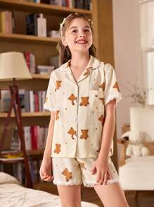 SHEIN Conjunto de pijama corto con manga corta para niñas preadolescentes, con estampado de osito y luna, con parches de encaje y volantes