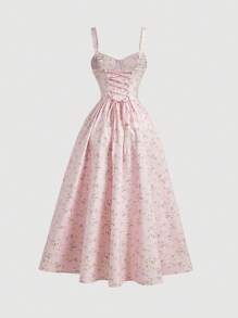 SHEIN MOD Váy chữ A buộc dây sau lưng họa tiết hoa nhỏ màu hồng nhạt - Hồng - Xem 2