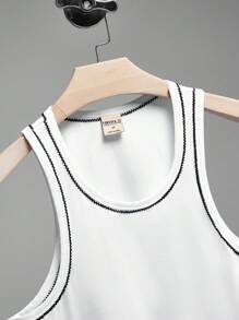 SHEIN Forever 21 Men White Muscle Top With Contrast Embroidery, Summer/Beach Men/Men Tops/Summer Tops/Basic - White - View 3